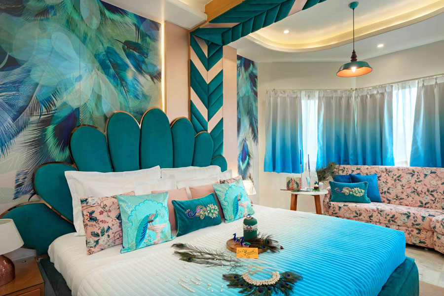 Peacock Theme designer Room with 240 degree City view and Beautiful peacock Bed & Sitout